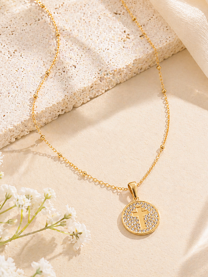 Pavé Cross Circle Pendant Necklace