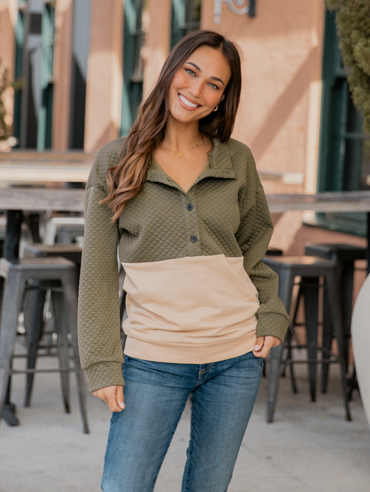 Two Tone Quilted Button Pullover