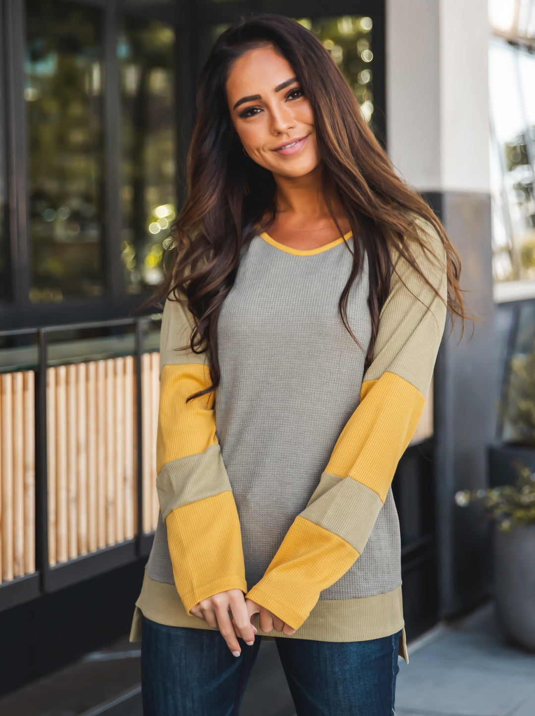 Contrast Sleeve Waffle Knit Top