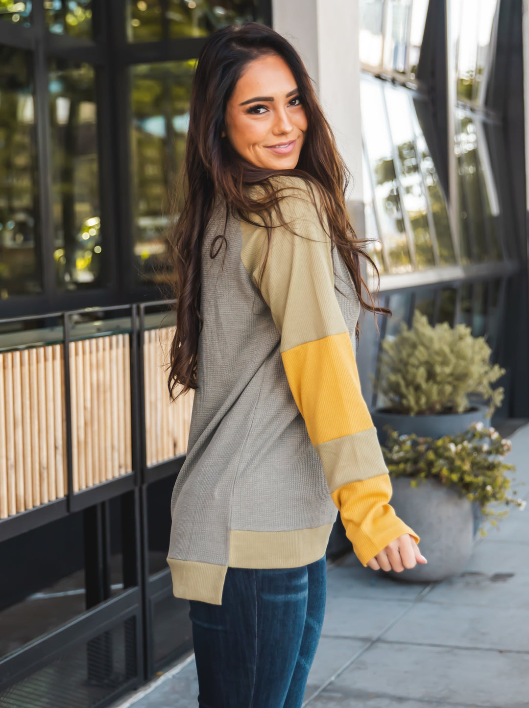 Contrast Sleeve Waffle Knit Top