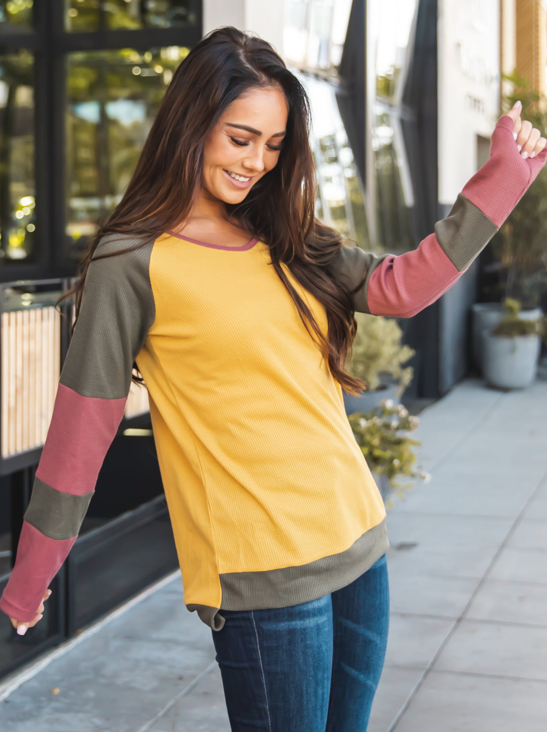Contrast Sleeve Waffle Knit Top