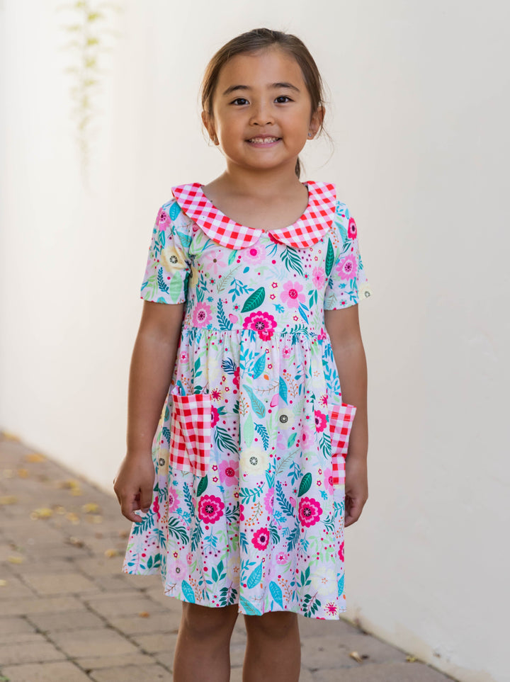 Gingham Contrast Detail Little Girl Dress