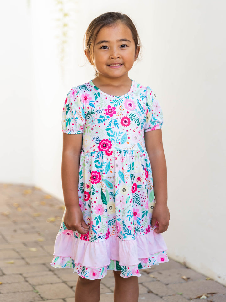 Contrast Ruffle Patterned Little Girl Dress