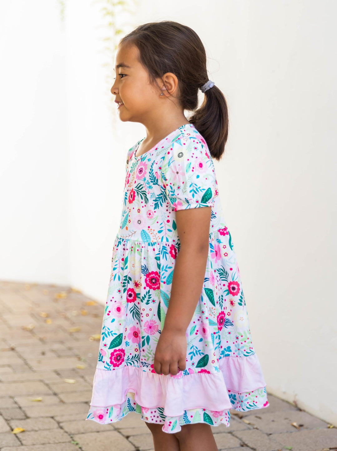 Contrast Ruffle Patterned Little Girl Dress