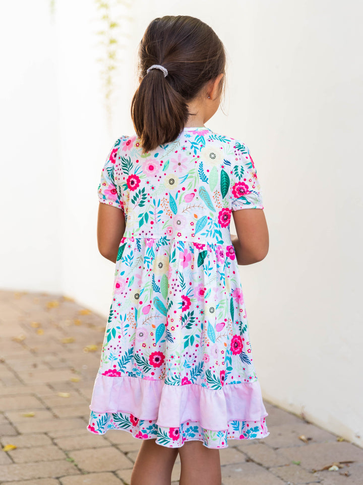 Contrast Ruffle Patterned Little Girl Dress