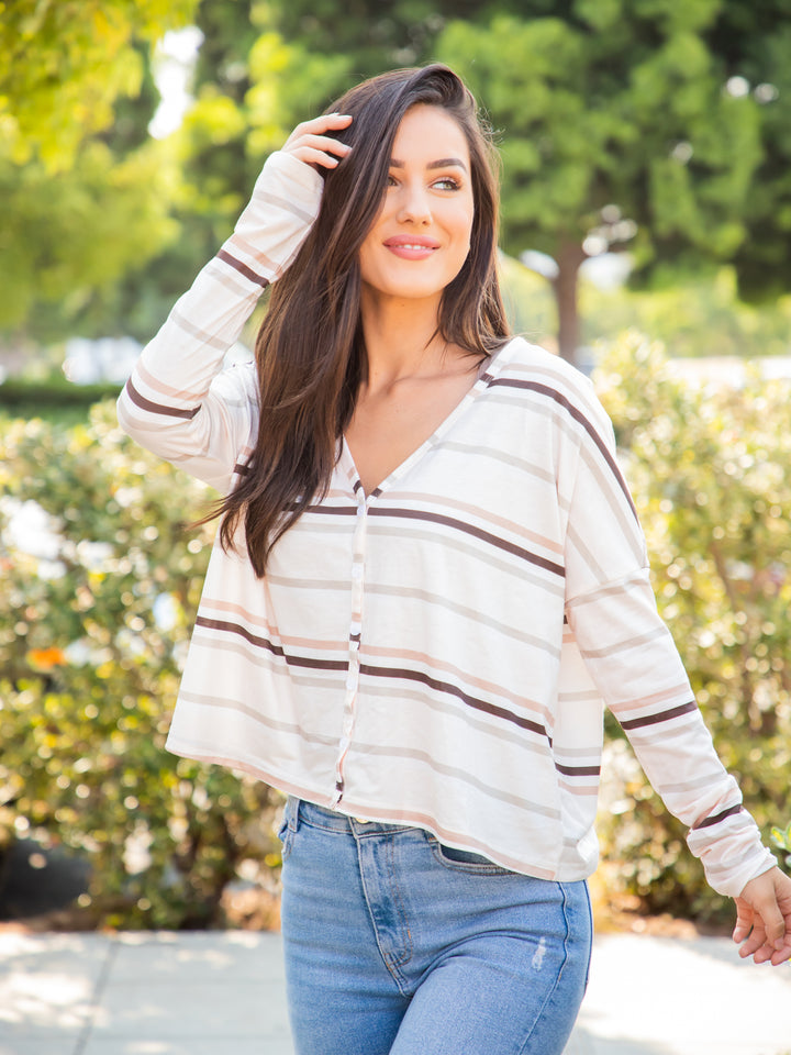 Button Detail Striped Long Sleeve Tee