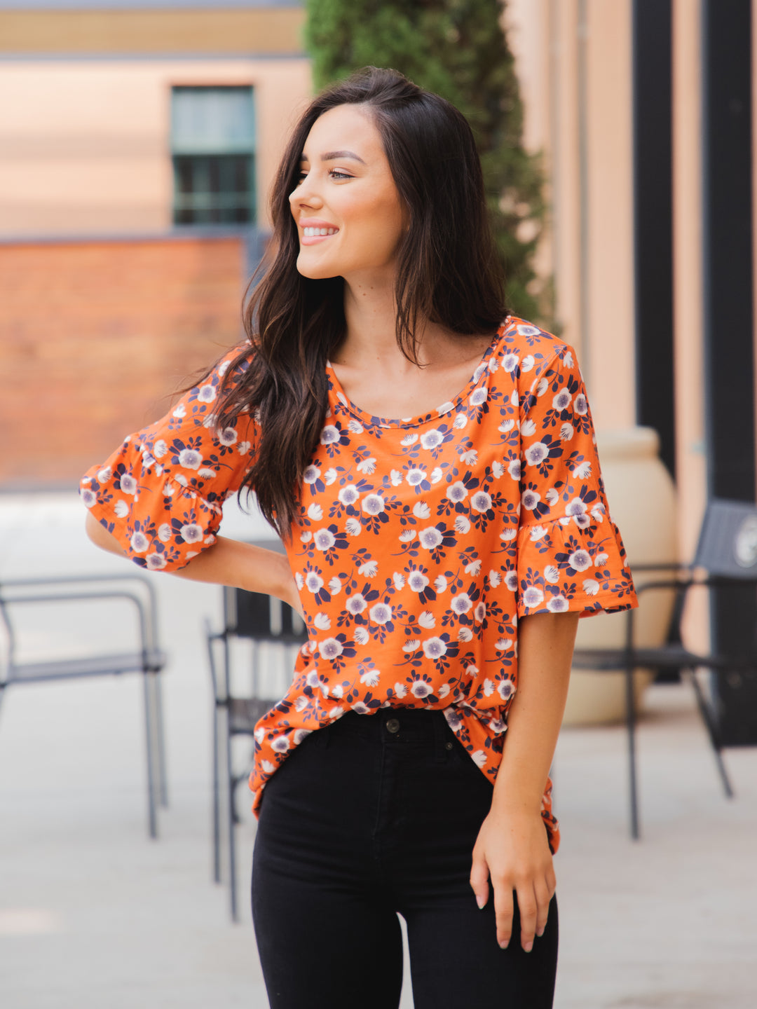 Bold Floral Flare Sleeve Top
