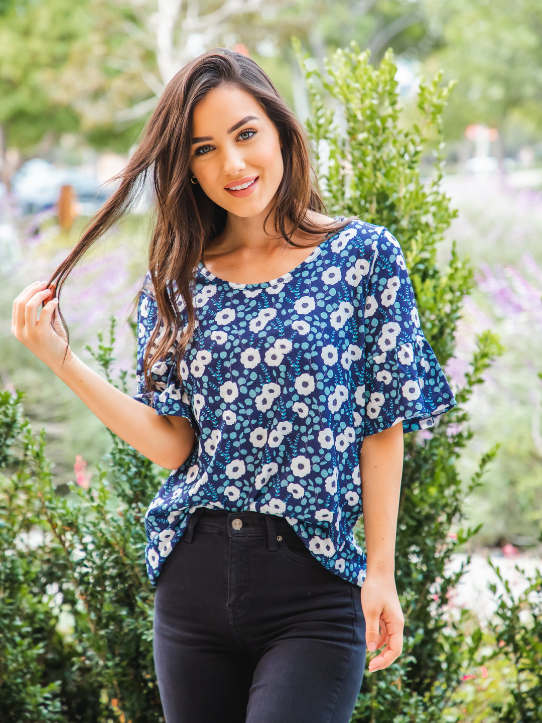 Bold Floral Flare Sleeve Top