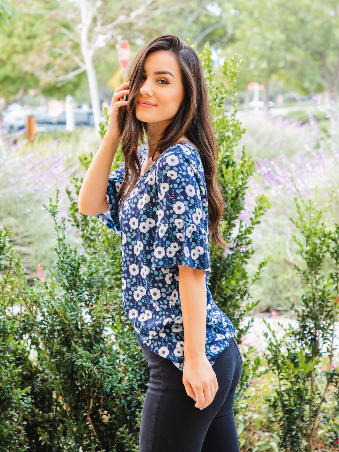 Bold Floral Flare Sleeve Top