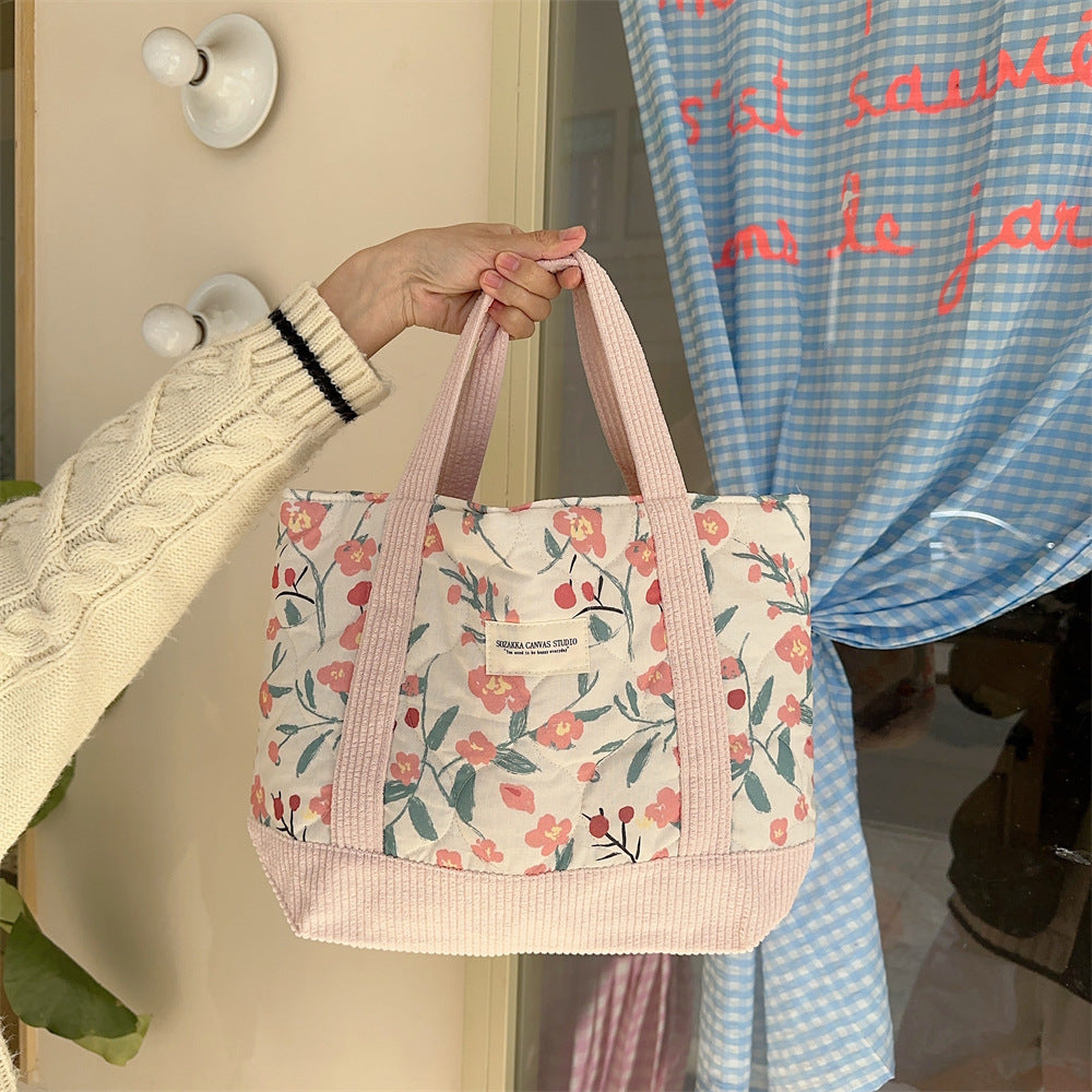 Pink Floral Corduroy Tote Bag