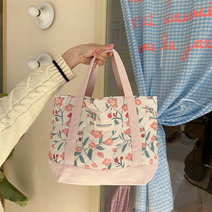 Pink Floral Corduroy Tote Bag