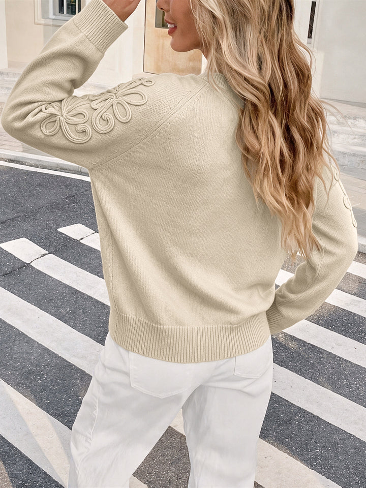 Floral Appliqué Sleeve Crewneck Knit Sweater