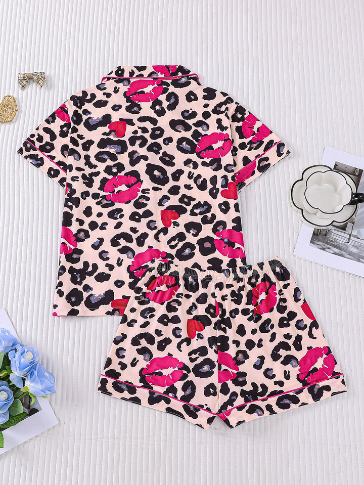 Leopard & Lips Print Women's Pajama Shorts Set