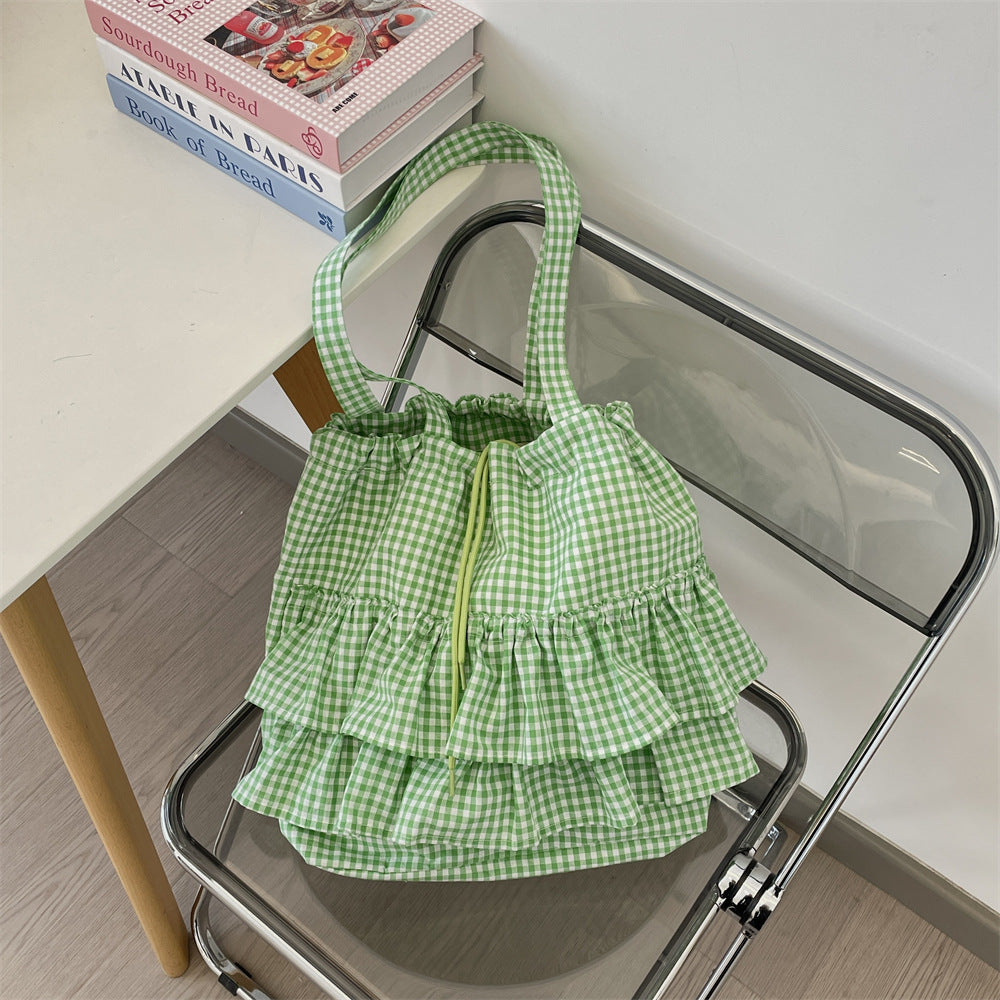 Gingham Ruffle Drawstring Shoulder Tote Bag