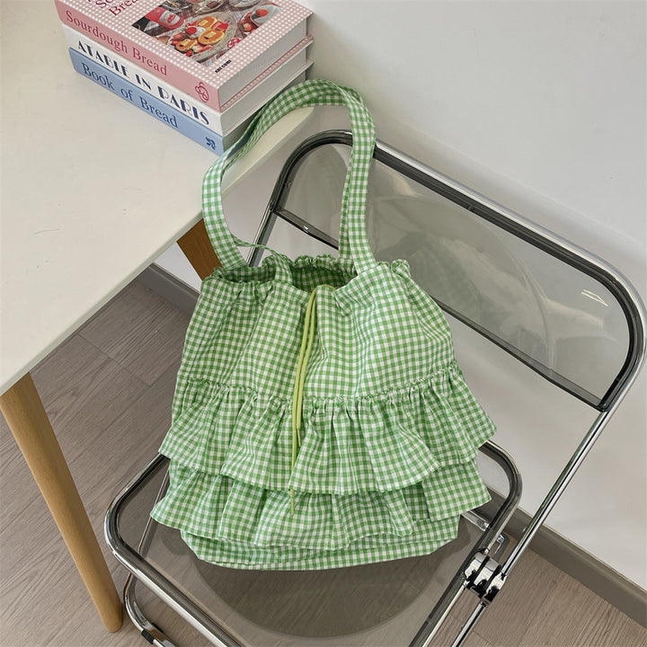 Gingham Ruffle Drawstring Shoulder Tote Bag