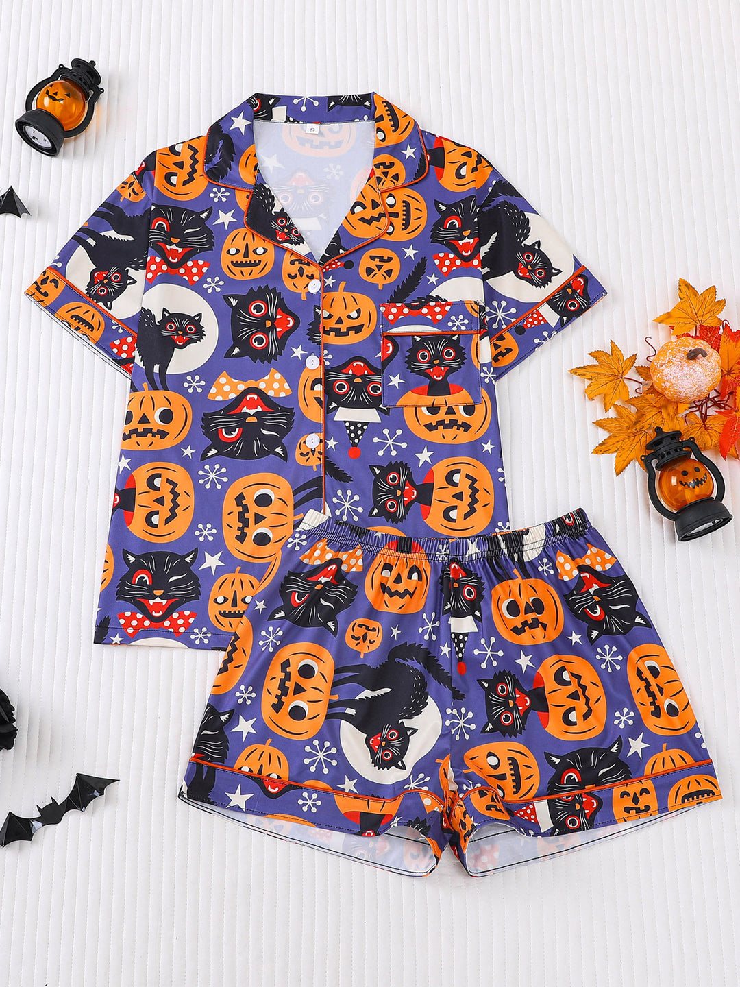 Vintage Halloween Cat & Pumpkin Print Pajama Set