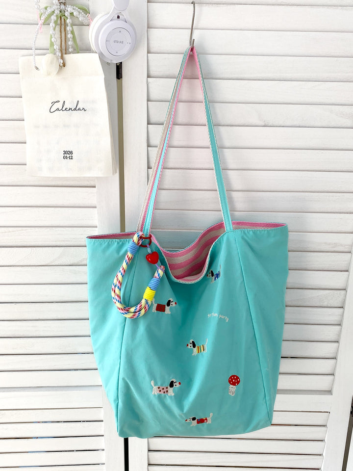 Reversible Playful Pup Striped Tote Bag