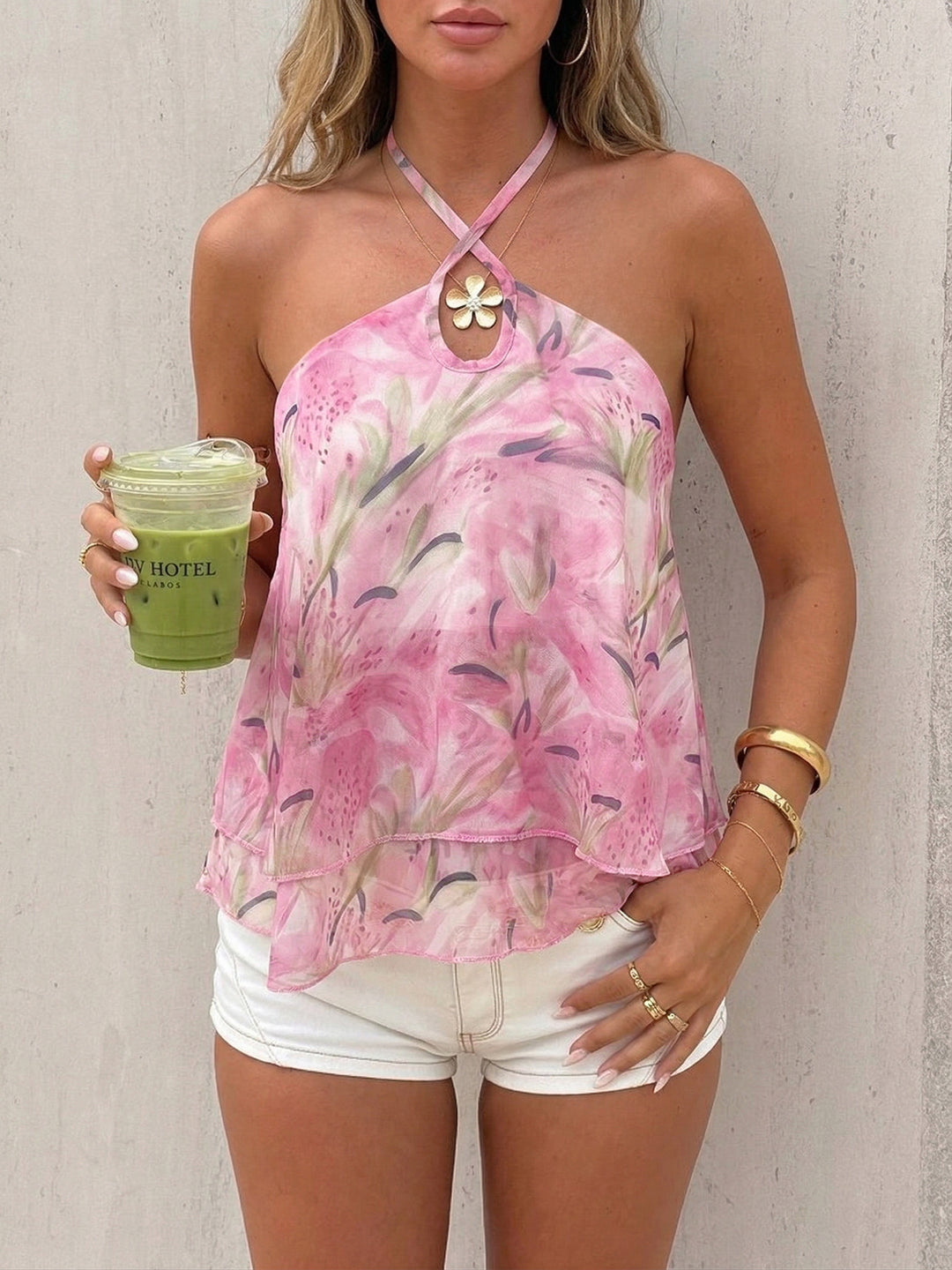 Pink Floral Halter Ruffle Tank
