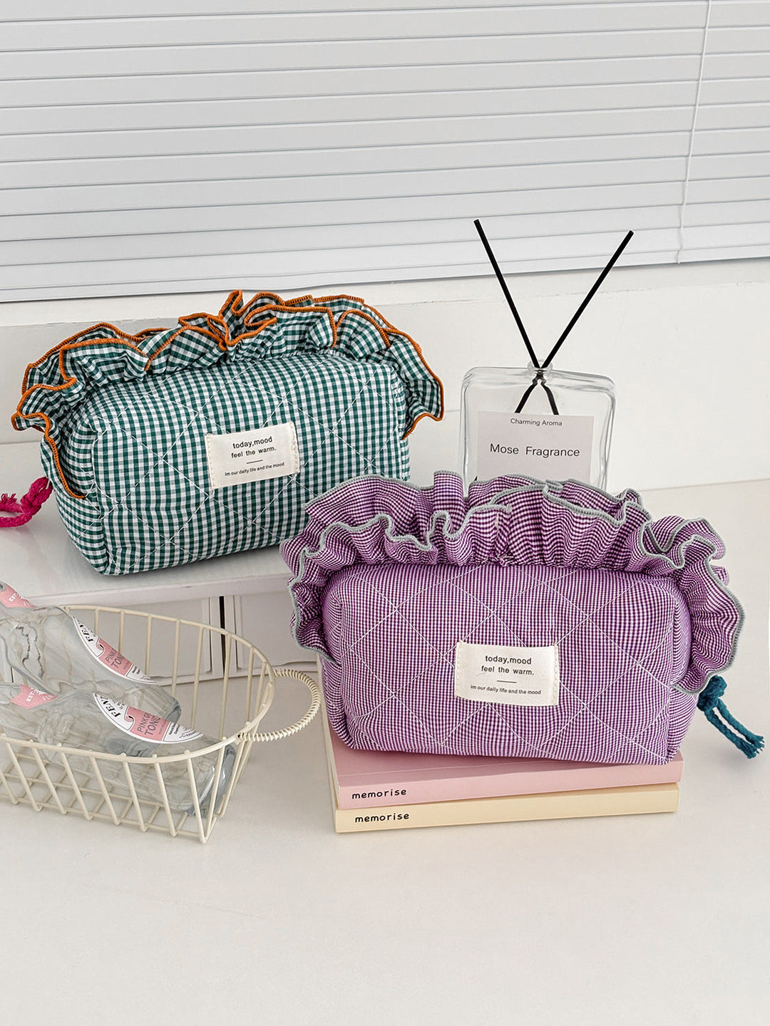 Ruffle Top Quilted Makeup Bag