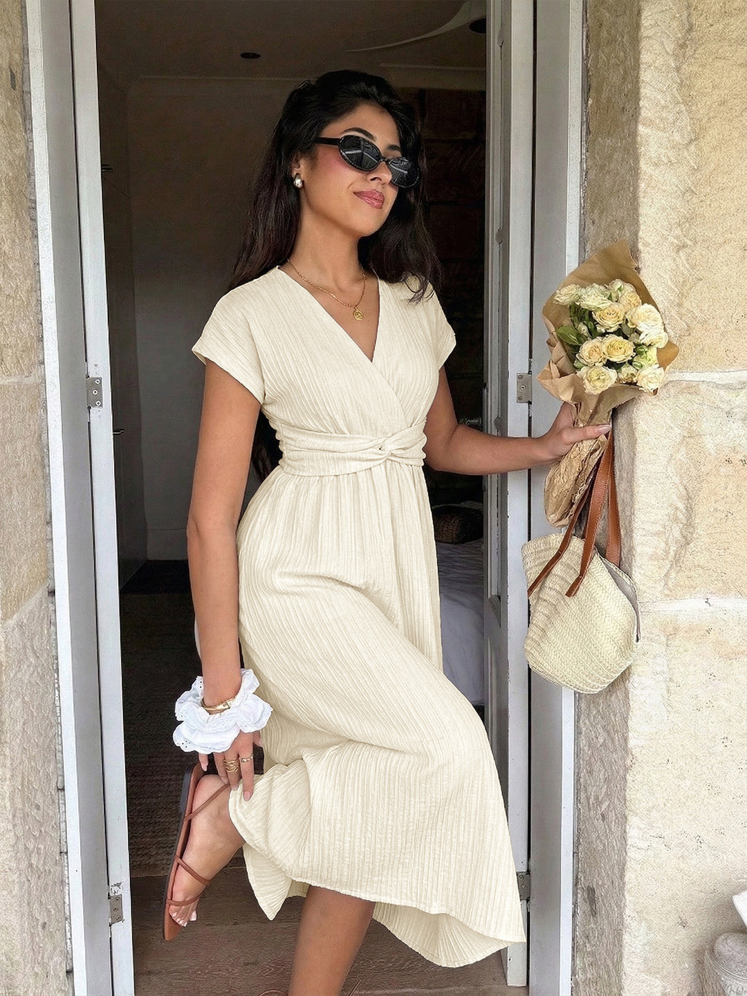 Coastal Cream Twist Waist Midi Dress