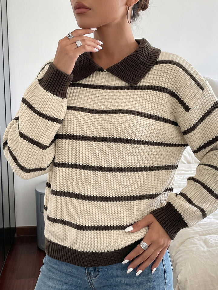 Contrast Stripe Collared Knit Sweater