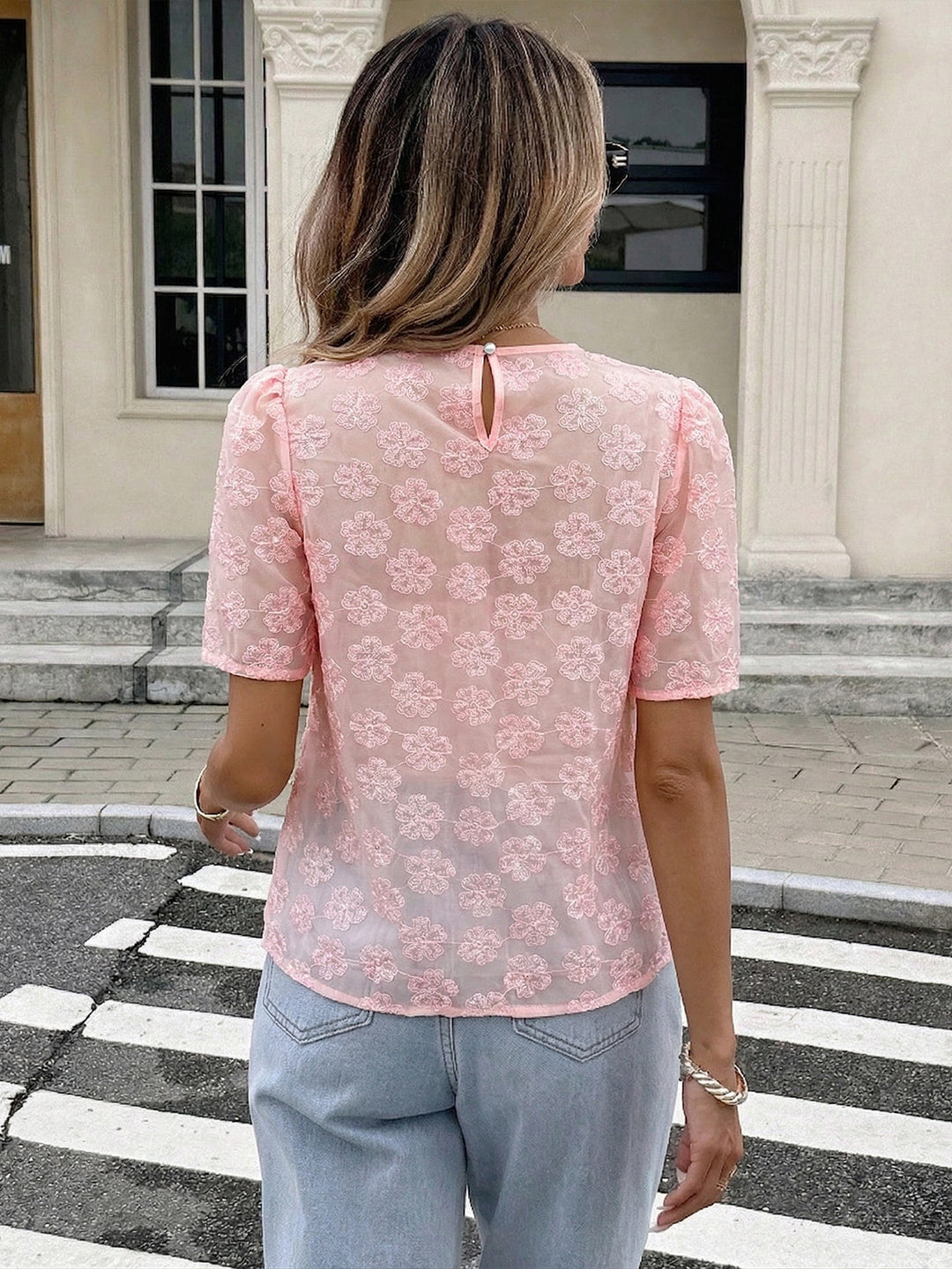 Pink Sheer Floral Lace Blouse