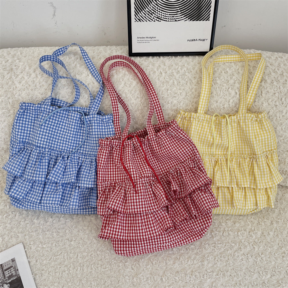 Gingham Ruffle Drawstring Shoulder Tote Bag