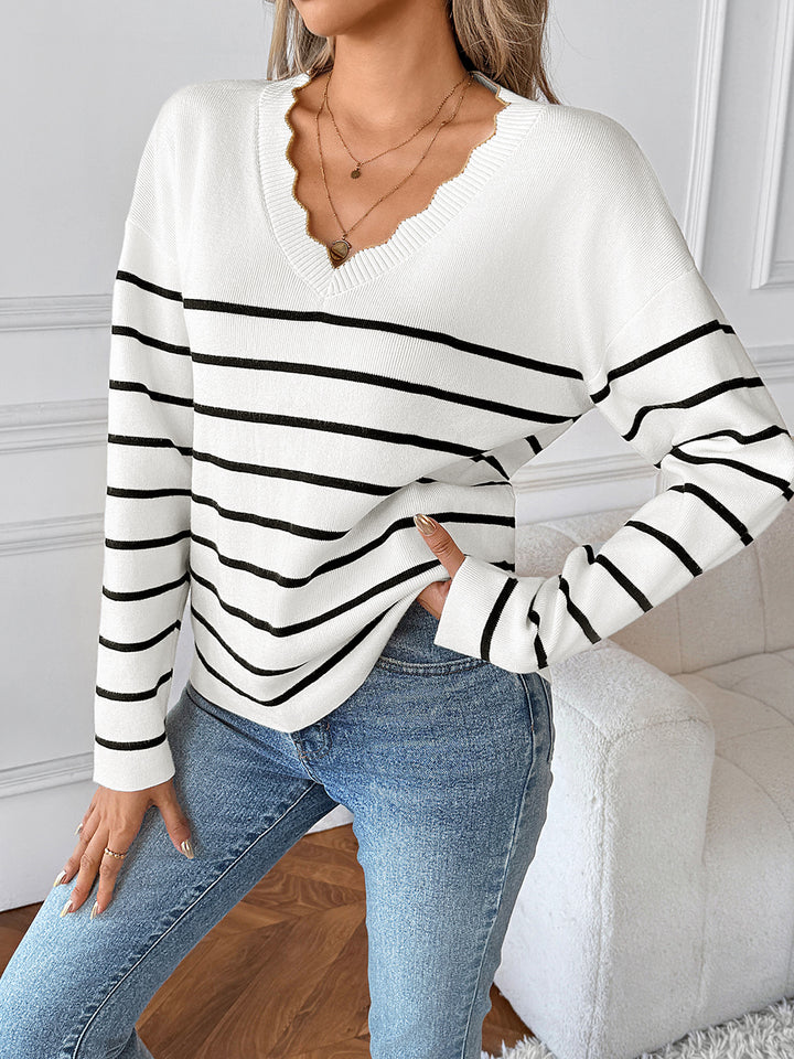 Scalloped Neck Stripe Sweater