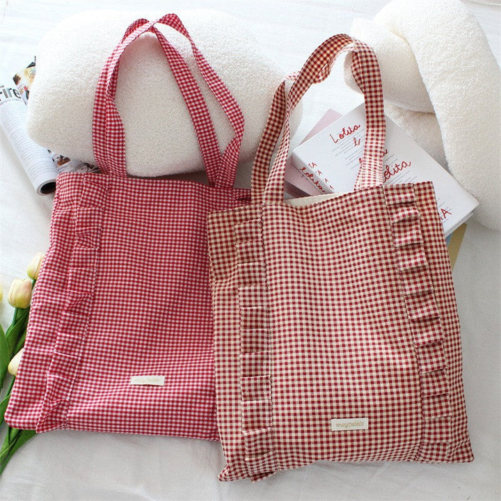 Ruffle Detail Gingham Print Tote Bag