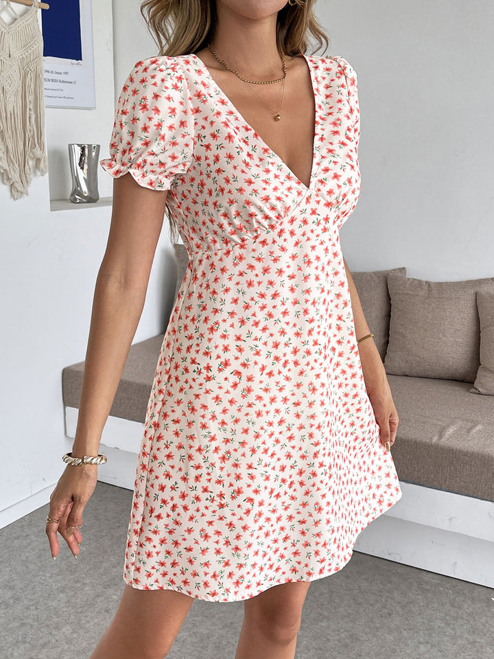Floral Open Back Puff Sleeve Dress