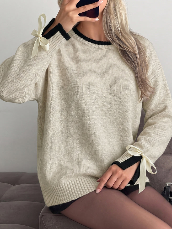 Bow Cuff Contrast Trim Sweater
