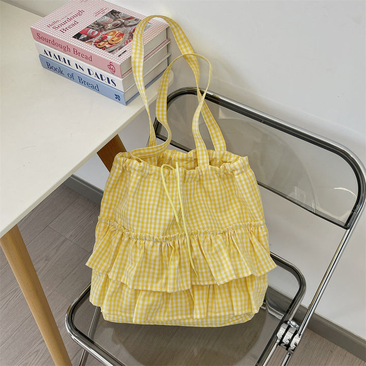 Gingham Ruffle Drawstring Shoulder Tote Bag