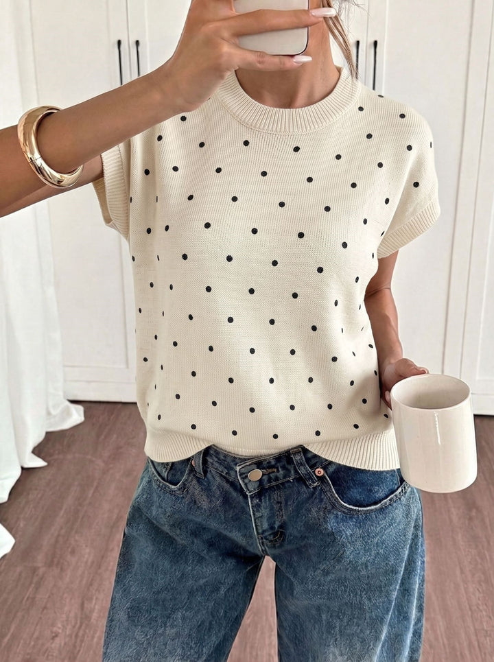 Polka Dot Short Sleeve Knit Sweater Top