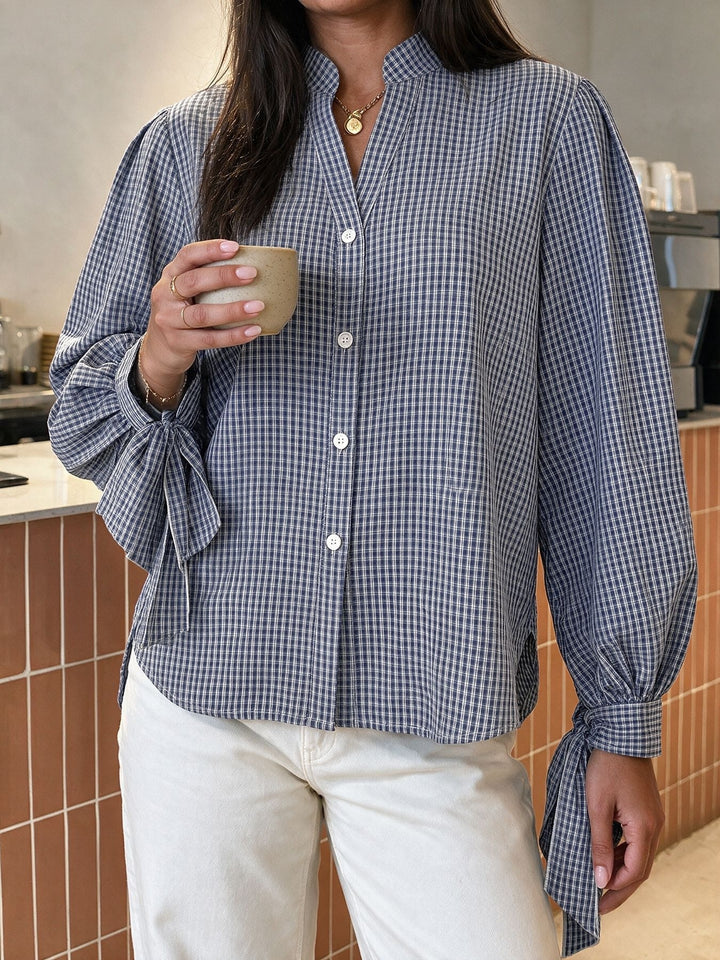 Tie Cuff Plaid Button Down Blouse