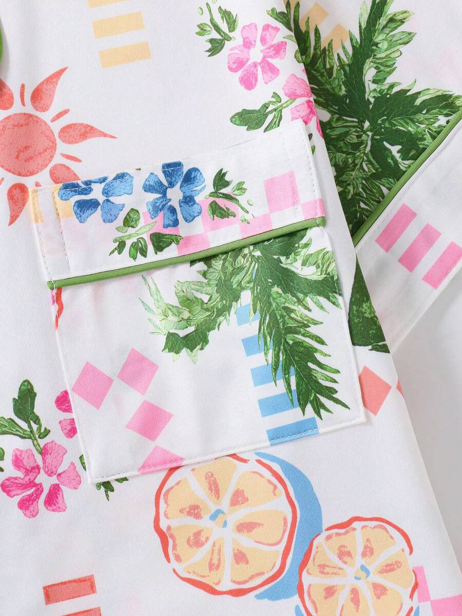 Tropical Fruit & Palm Print Pajama Set