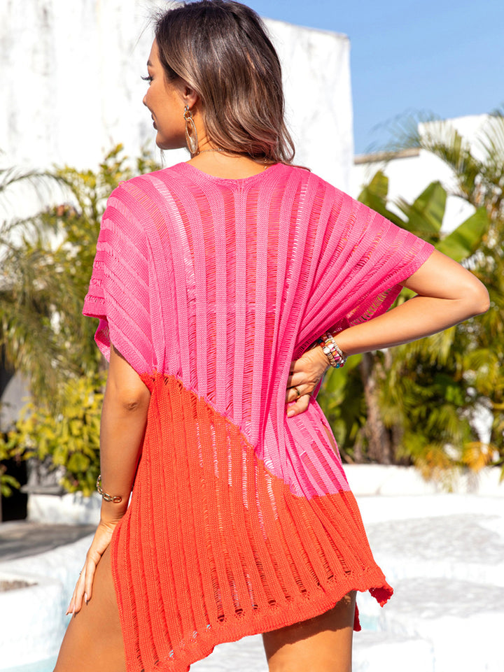 Colorful Contrast Split Hem Swim Coverup