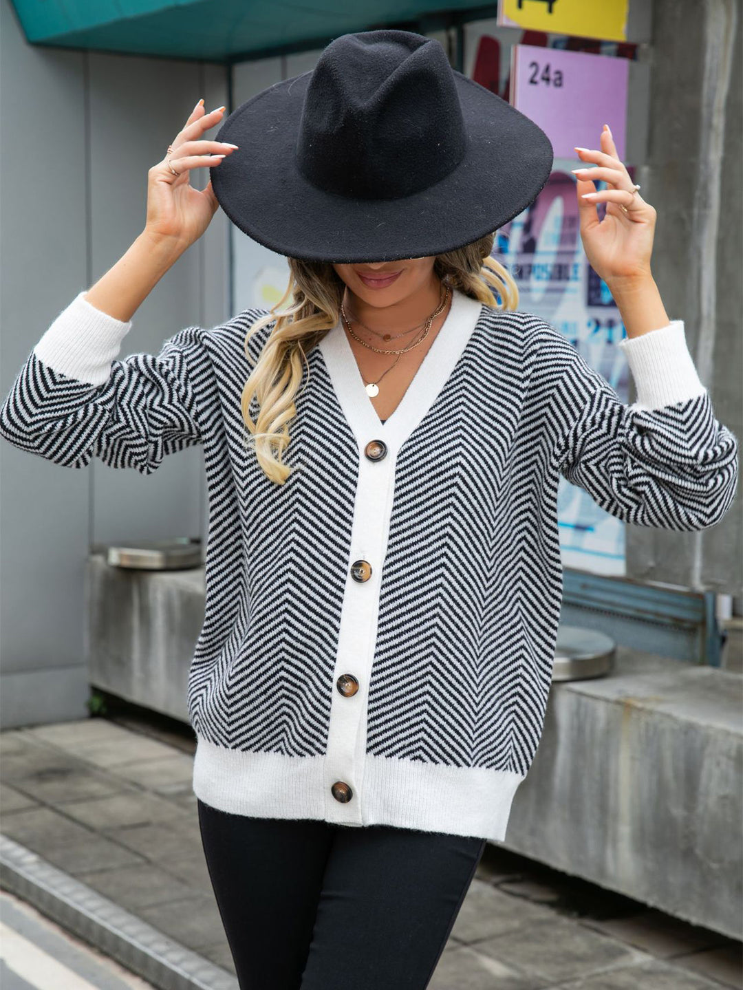 Chevron Knit Button Cardigan