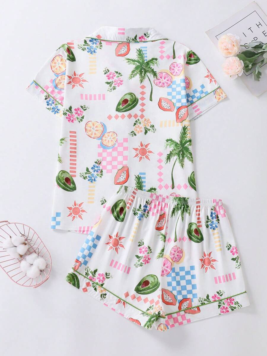 Tropical Fruit & Palm Print Pajama Set