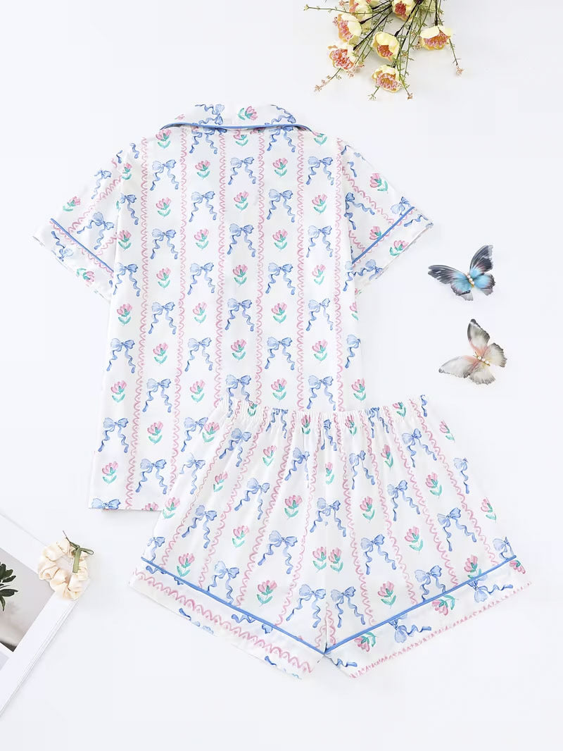 Feminine Bow & Flower Print Pajama Set