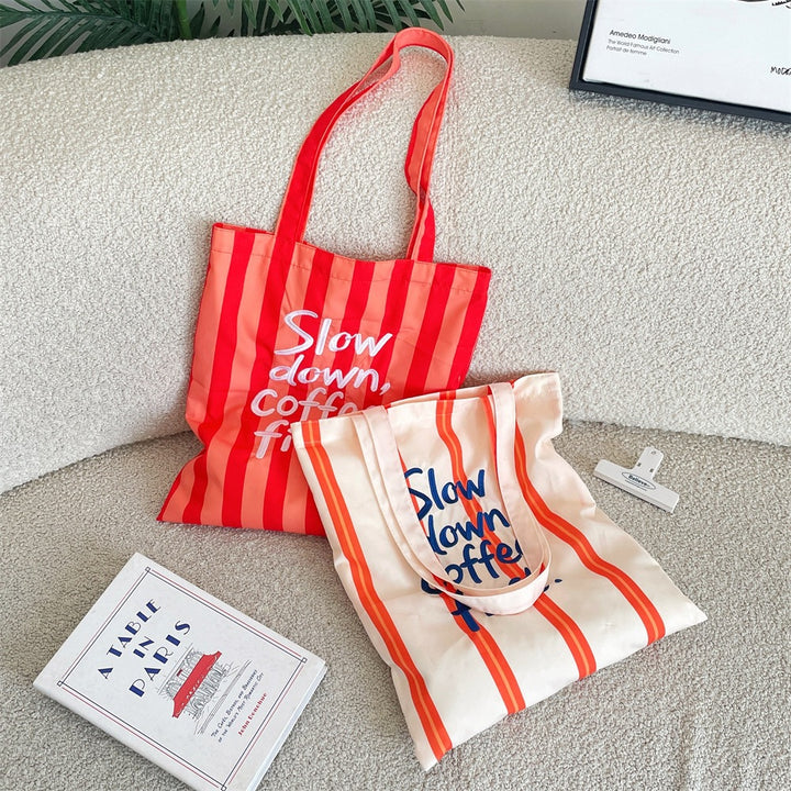 Slow Down, Coffee First Striped Tote Bag
