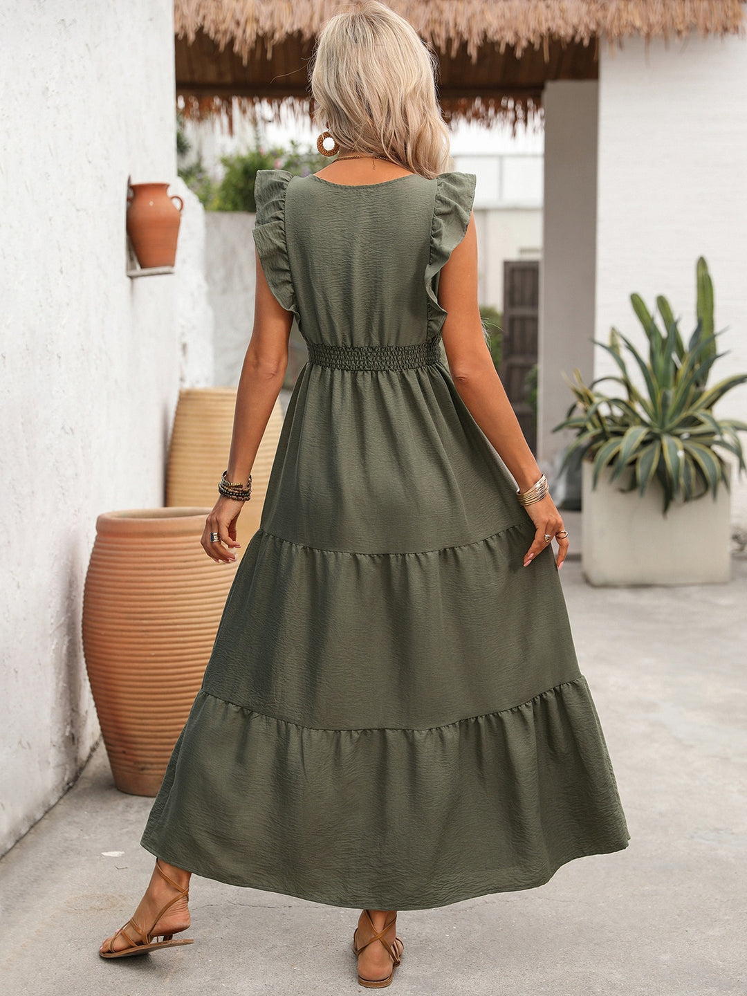 Olive Ruffle Sleeve Faux Belt Tiered Maxi Dress