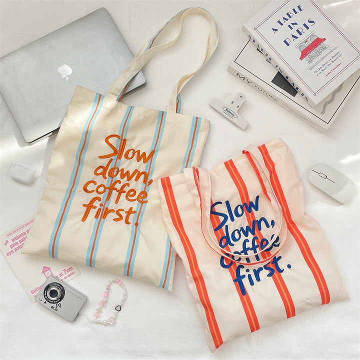Slow Down, Coffee First Striped Tote Bag