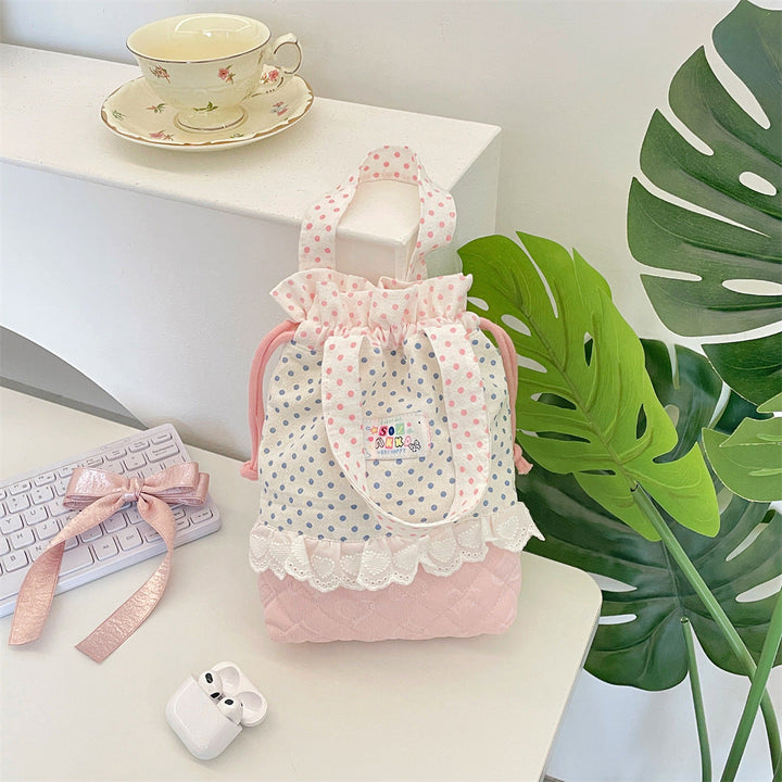 Quilted Polka Dot Drawstring Tote Bag
