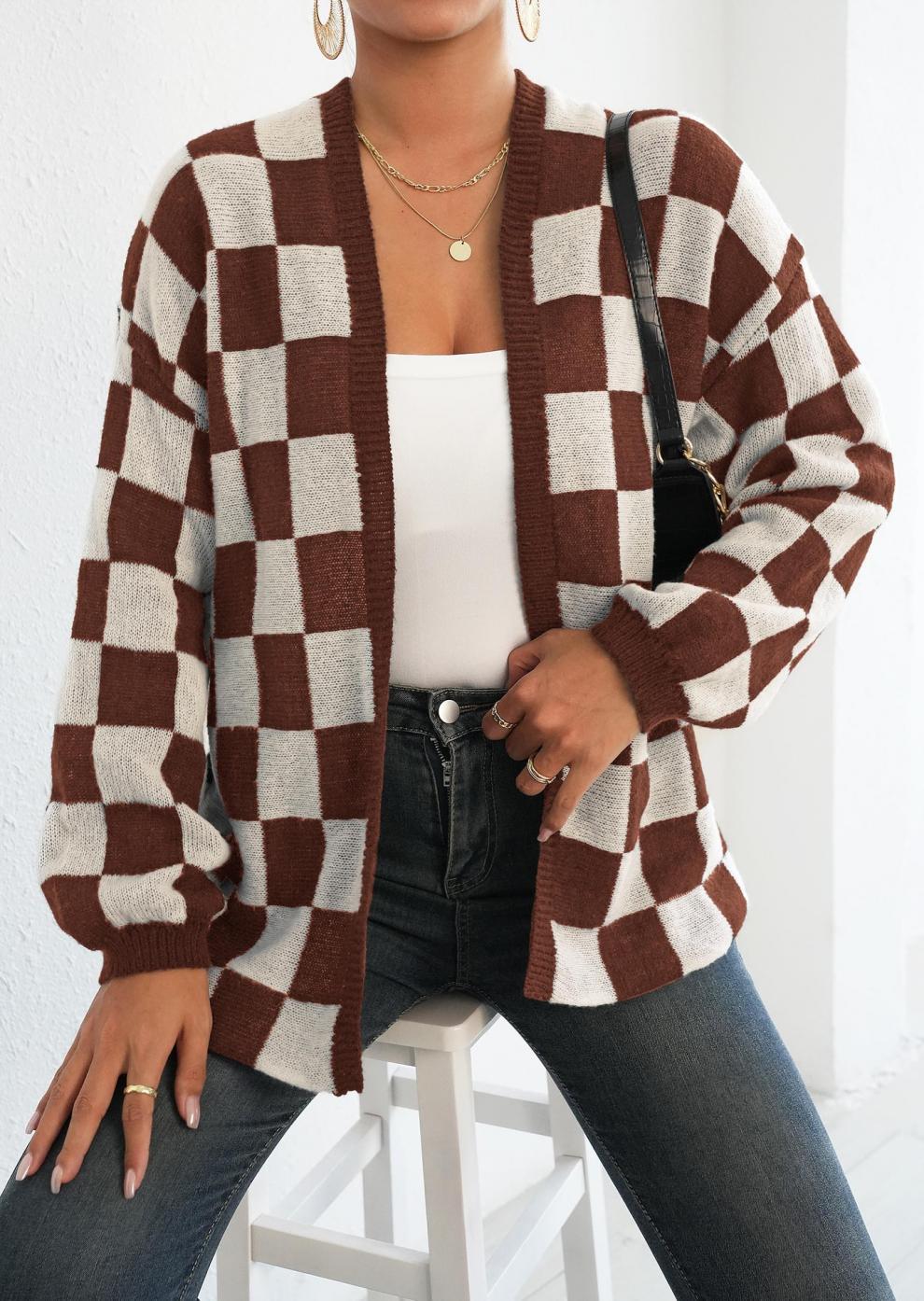 Checker Pattern Open Cardigan