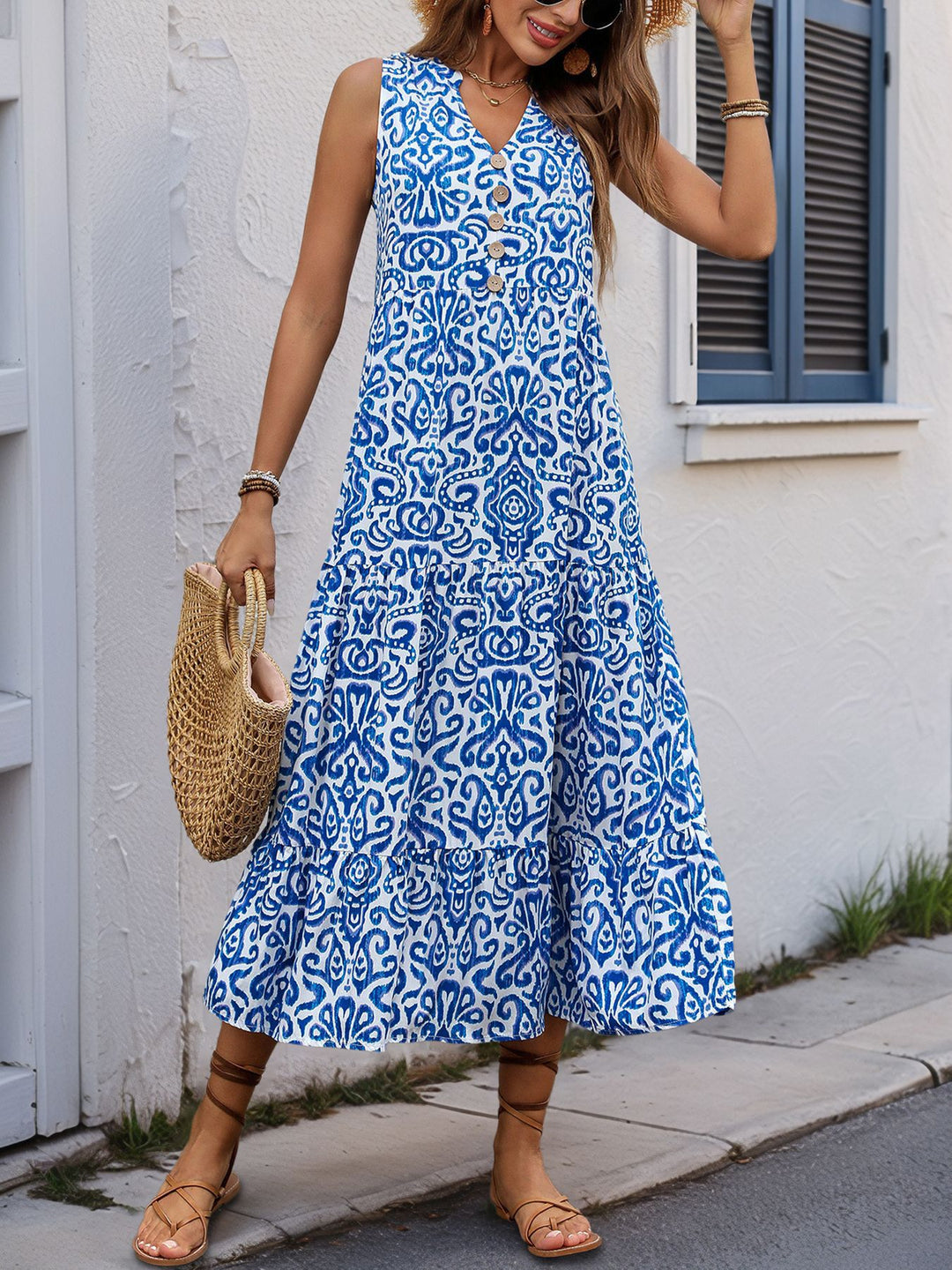 Blue Coastal Print Tiered Midi Dress