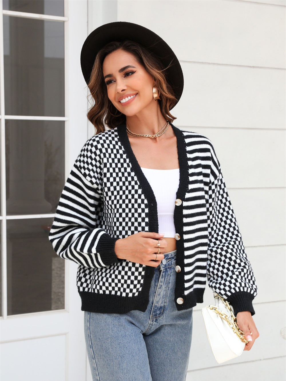 Mixed Pattern Button Front Cardigan