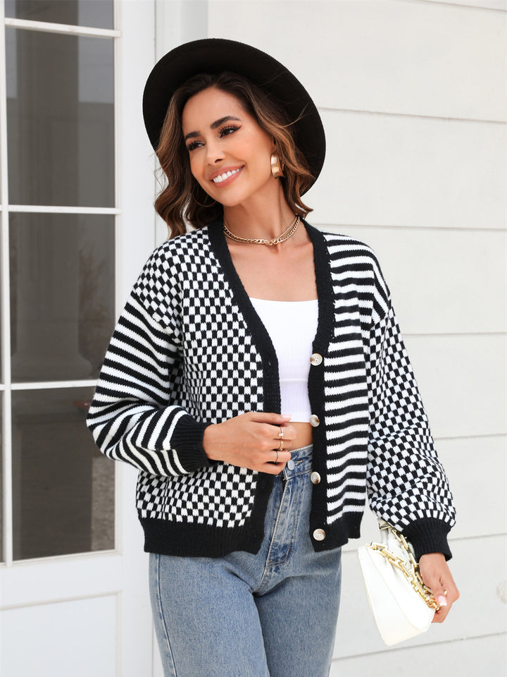 Mixed Pattern Button Front Cardigan