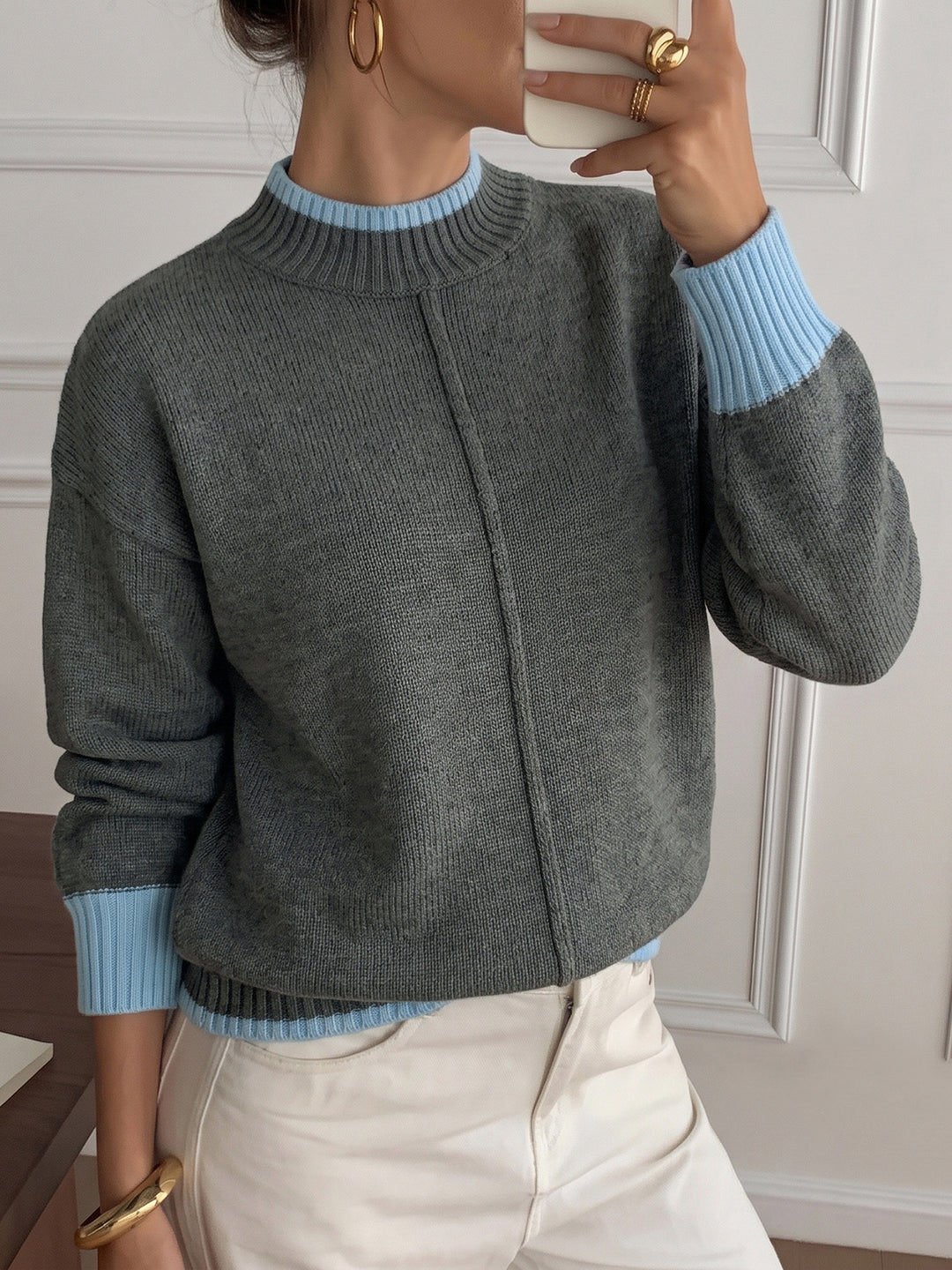 Contrast Trim Crewneck Knit Sweater