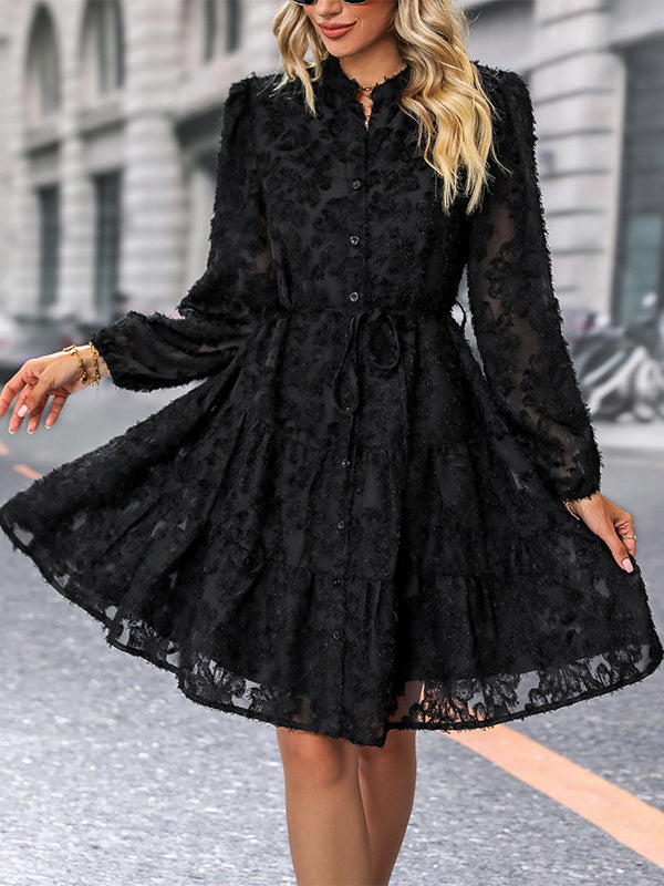 Lace Bubble Sleeve Tiered Dress