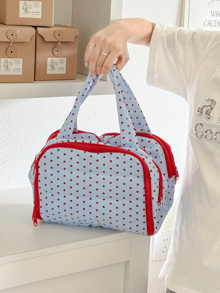 Quilted Heart Print Travel Cosmetic Organizer Bag